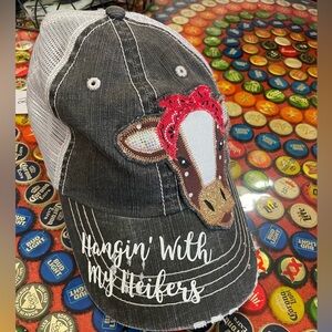 Gray and White Trucker Hat with Cow Design